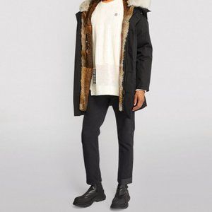 TIENFOOK Men Long Parka Jacket Winter Coat Drawstring Waist Thicken Fur Hood NEW